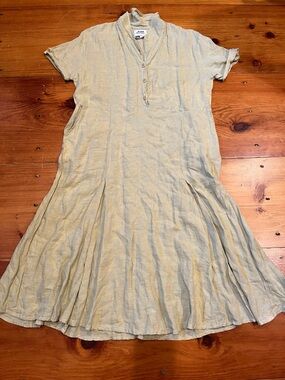 FLAX Jeanne Engelhart M Stripe 100% Linen Short Sleeve Dress Pleated Skirt
